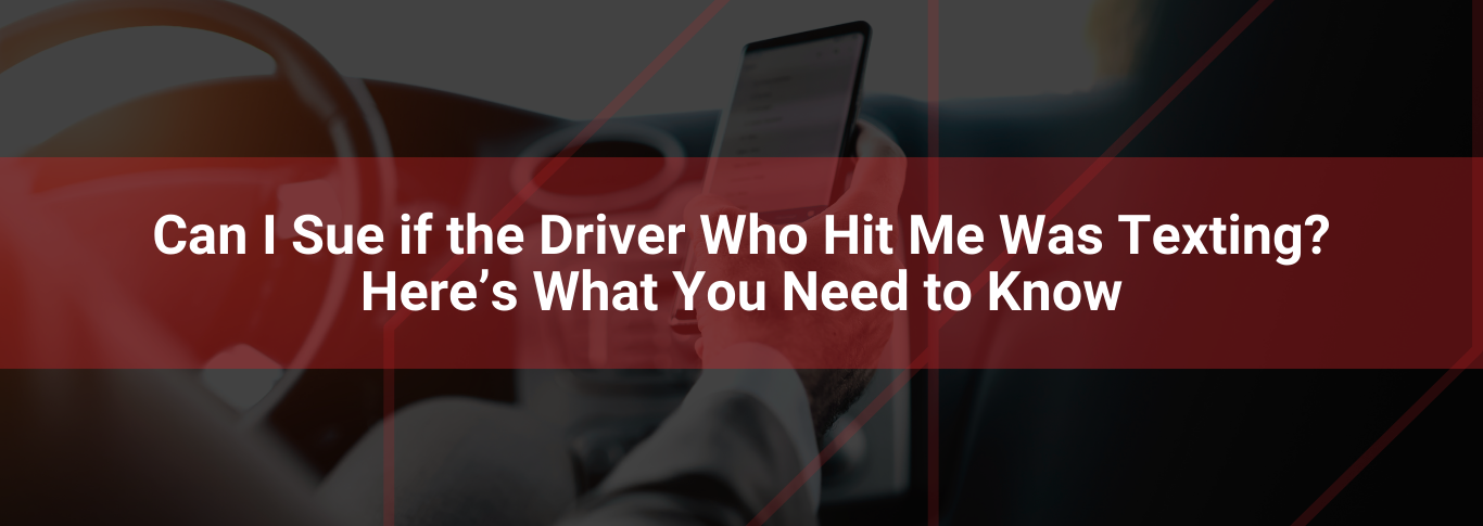 Person holding a smartphone in a car, with text overlay asking about suing for damages if the driver was texting, relevant to distracted driving legal guidance in Kentucky.