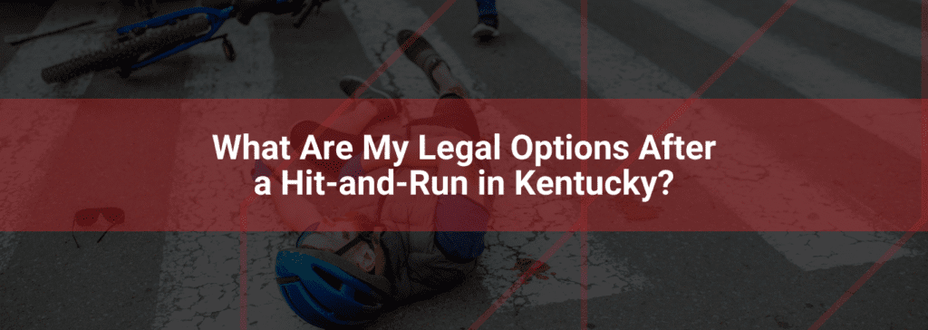 Bicycle accident scene on crosswalk with injured cyclist and text overlay about legal options after a hit-and-run in Kentucky.