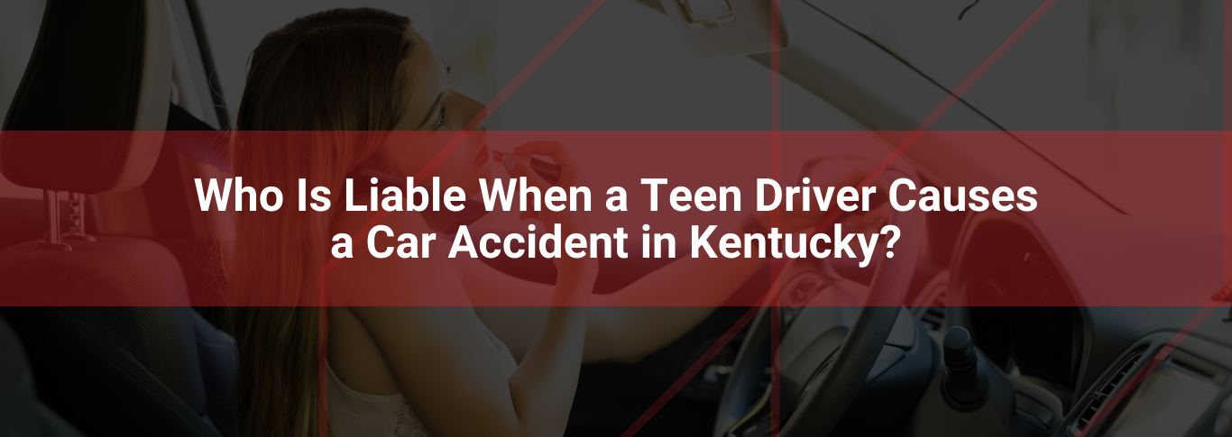 Teen driver focused on steering a car, with text overlay discussing liability in car accidents in Kentucky.