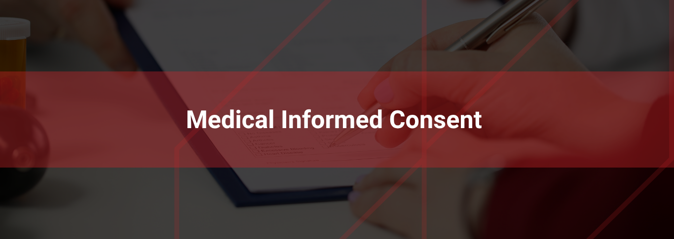 Medical informed consent document with a hand holding a pen, prescription bottle and checklist visible, relating to patient rights under Kentucky law.