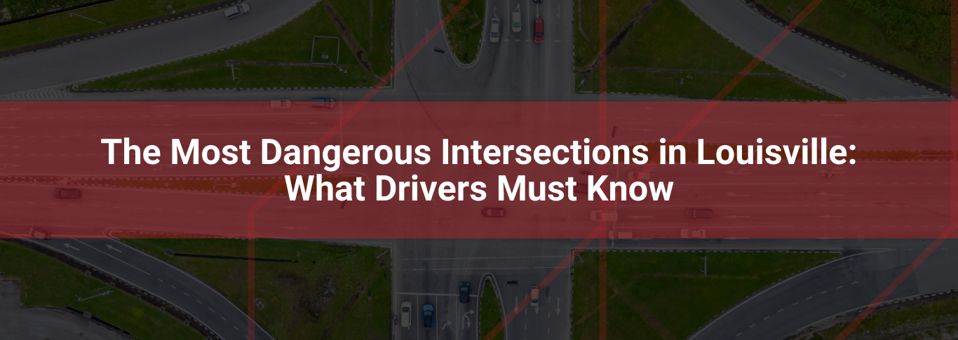 Aerial view of a busy Louisville intersection with multiple roads and vehicles, highlighting the theme of dangerous intersections for driver awareness and safety.